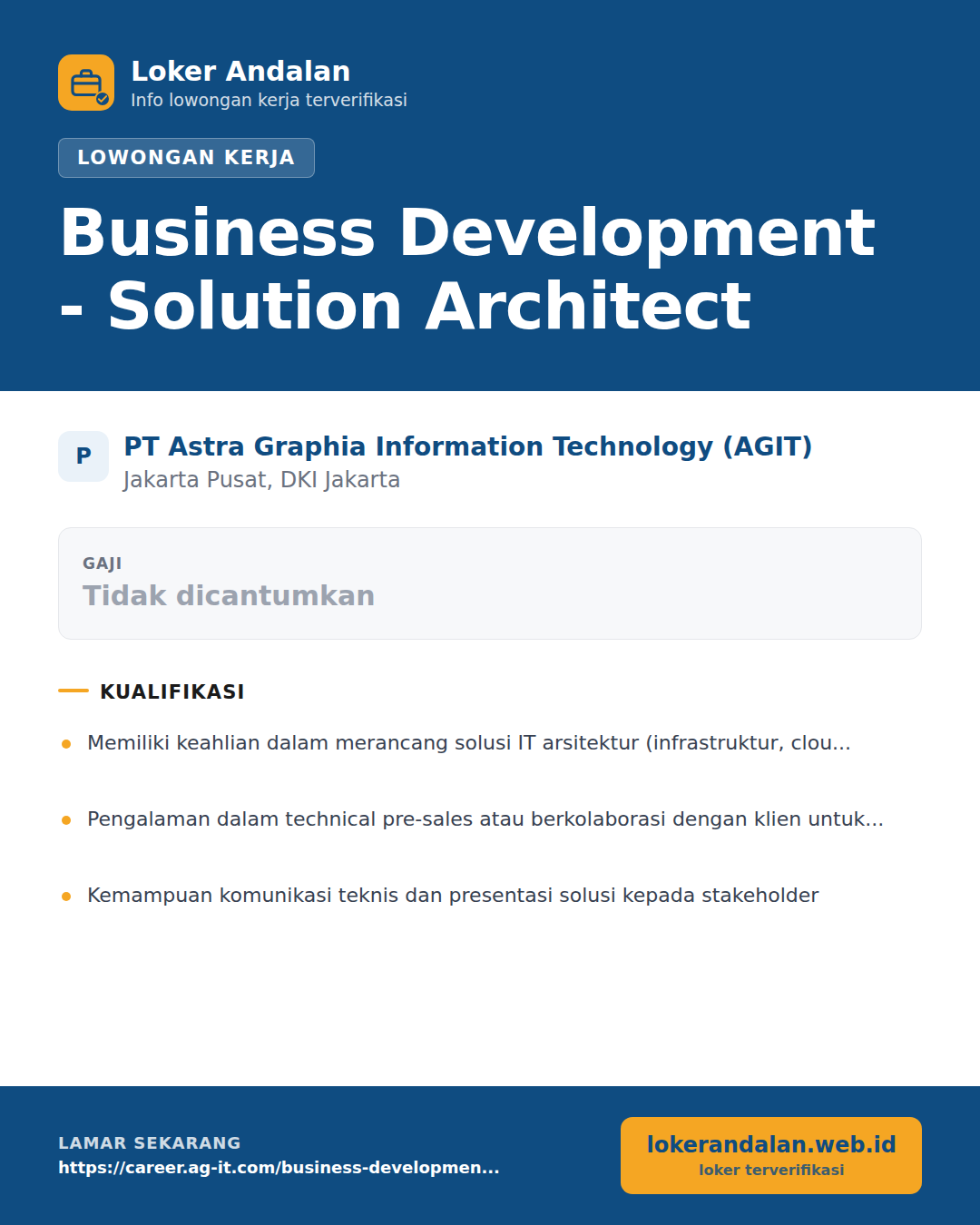 Poster lowongan Business Development - Solution Architect di PT Astra Graphia Information Technology (AGIT)