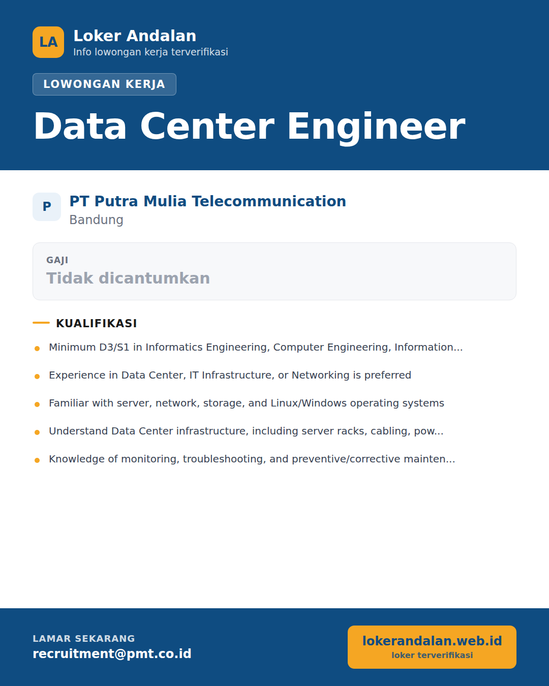 Poster lowongan Data Center Engineer di PT Putra Mulia Telecommunication