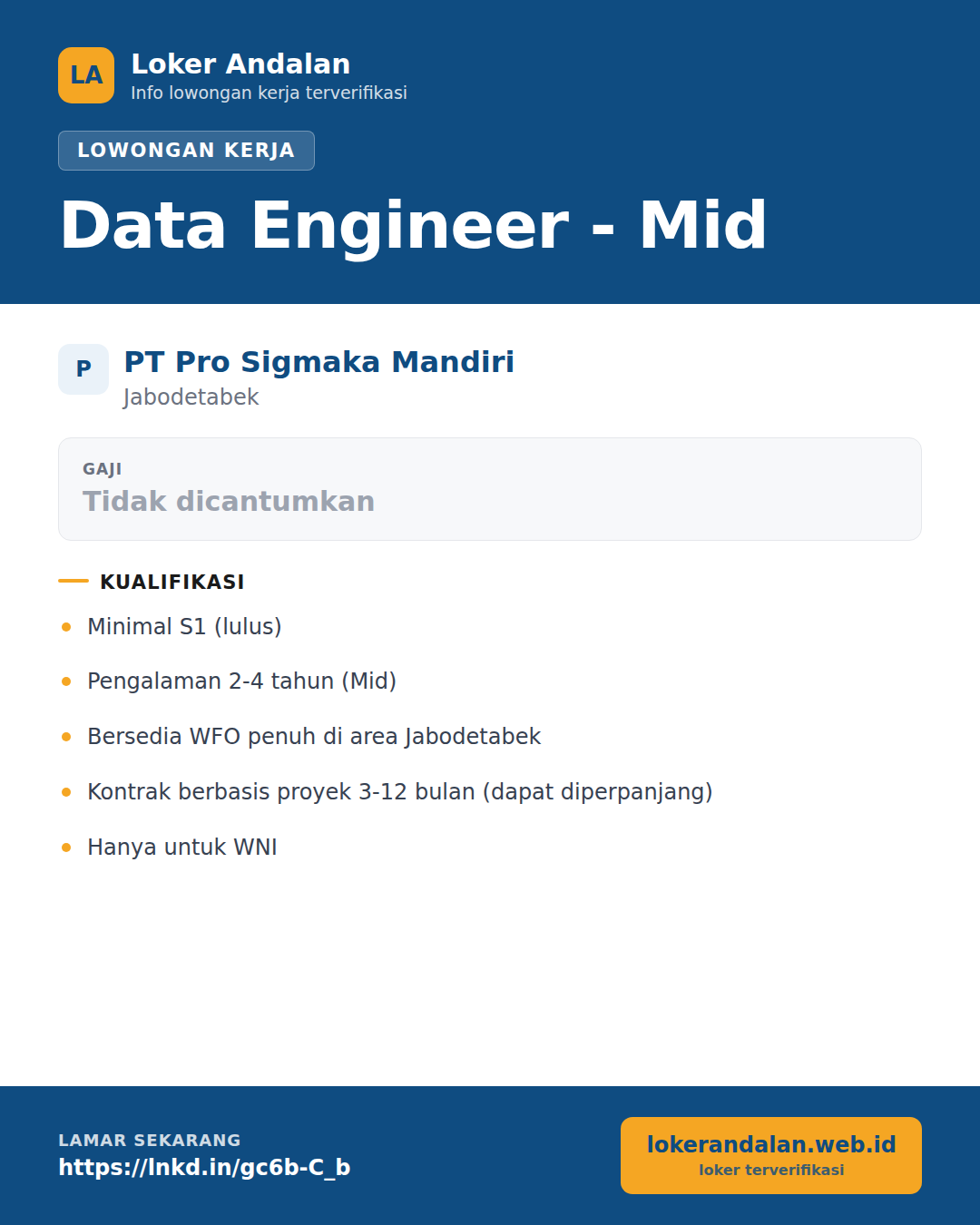 Poster lowongan Data Engineer - Mid di PT Pro Sigmaka Mandiri