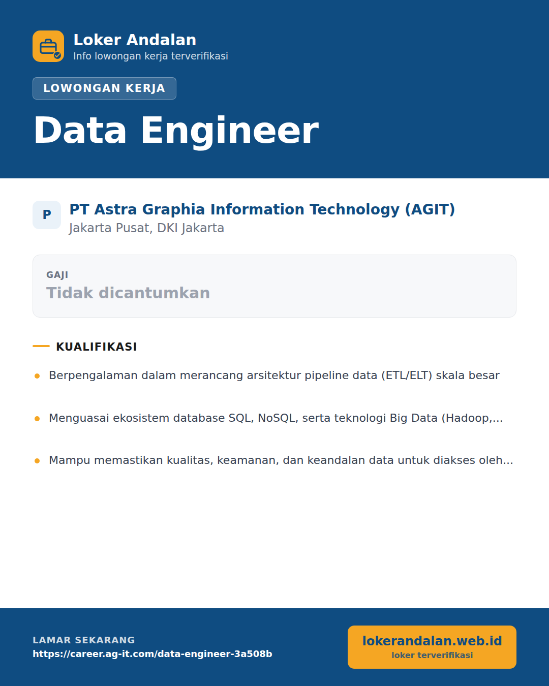 Poster lowongan Data Engineer di PT Astra Graphia Information Technology (AGIT)