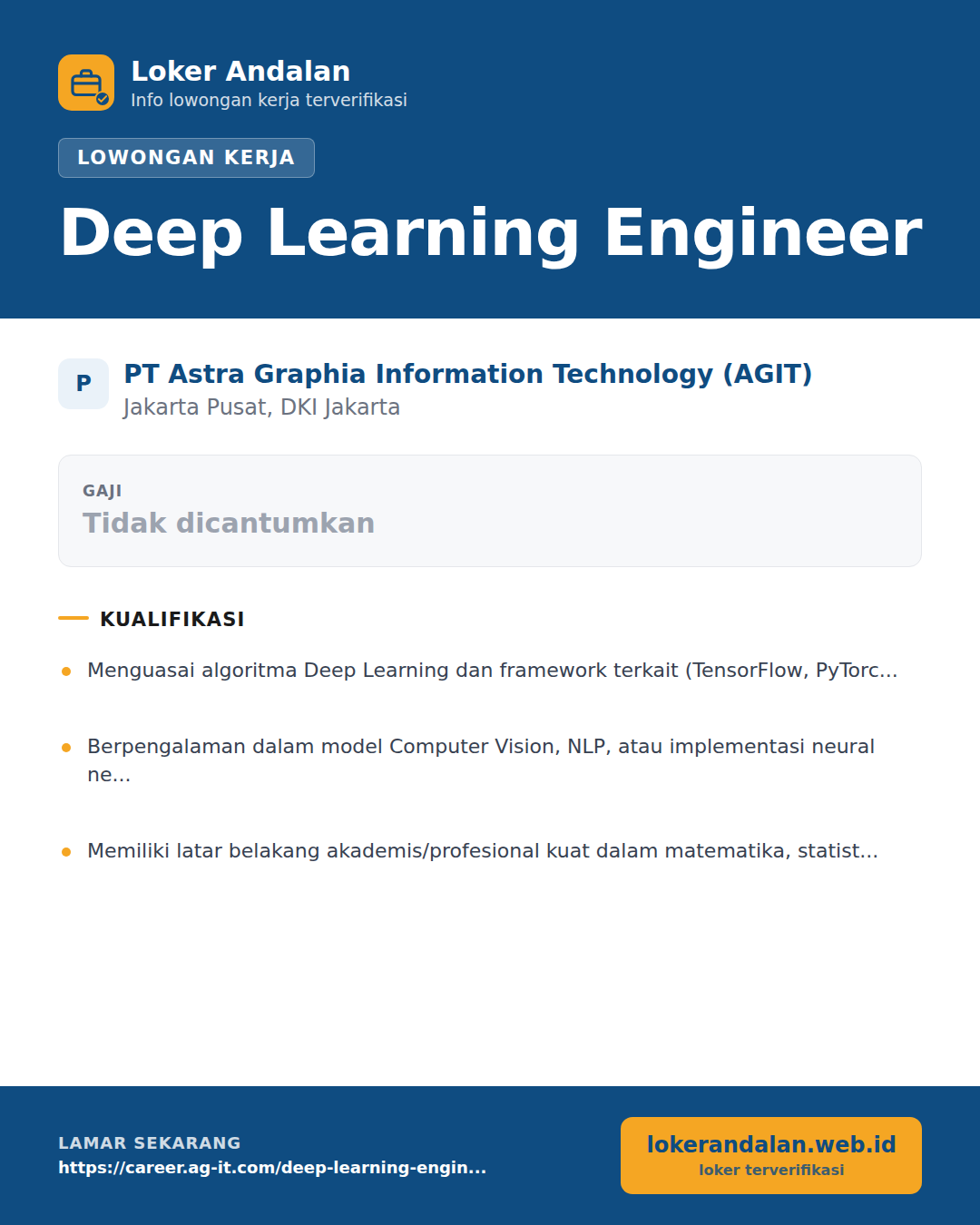 Poster lowongan Deep Learning Engineer di PT Astra Graphia Information Technology (AGIT)
