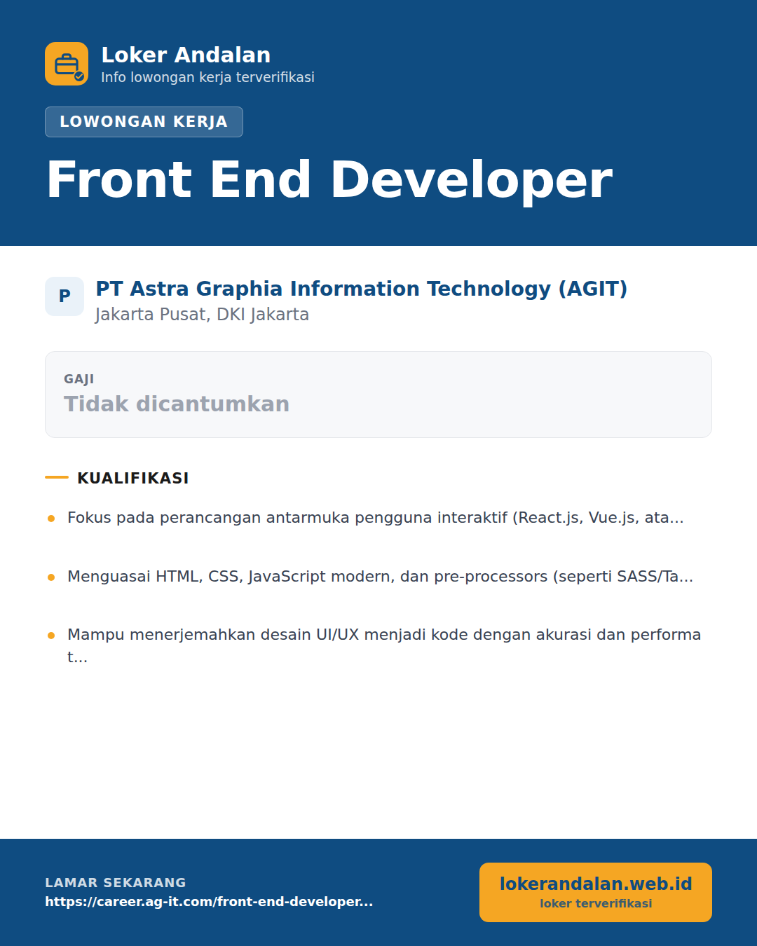 Poster lowongan Front End Developer di PT Astra Graphia Information Technology (AGIT)