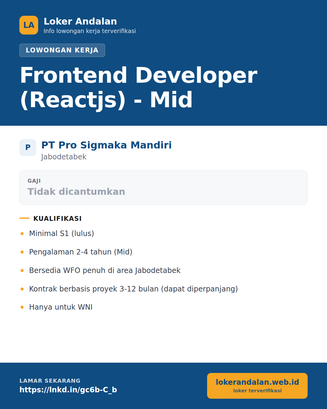 Poster lowongan Frontend Developer (Reactjs) - Mid di PT Pro Sigmaka Mandiri