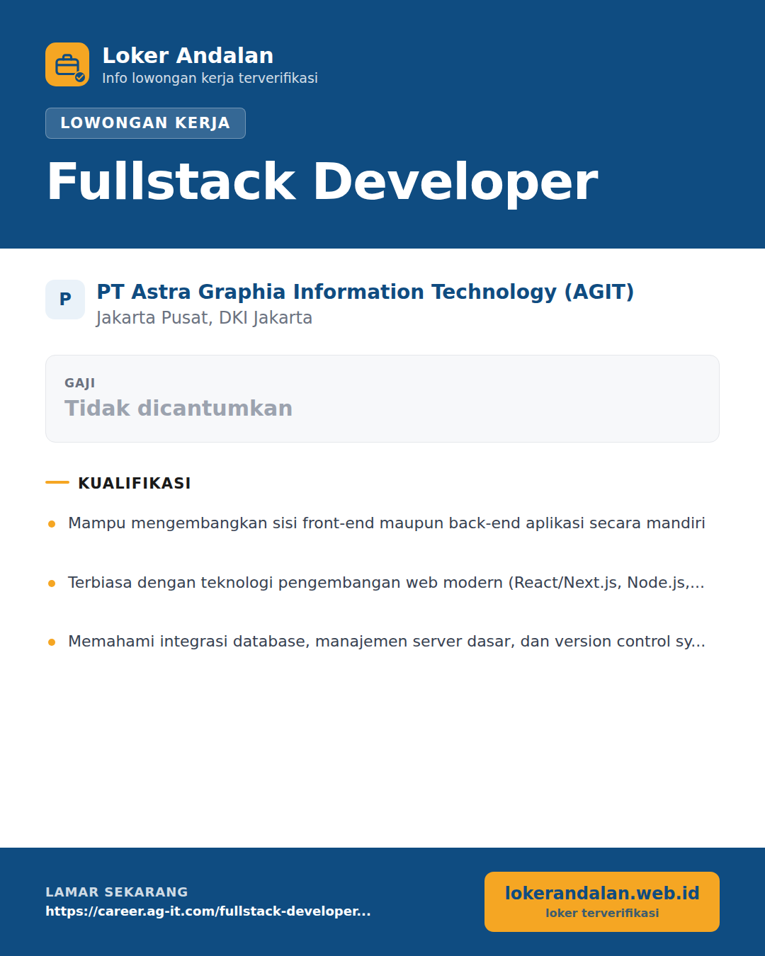 Poster lowongan Fullstack Developer di PT Astra Graphia Information Technology (AGIT)