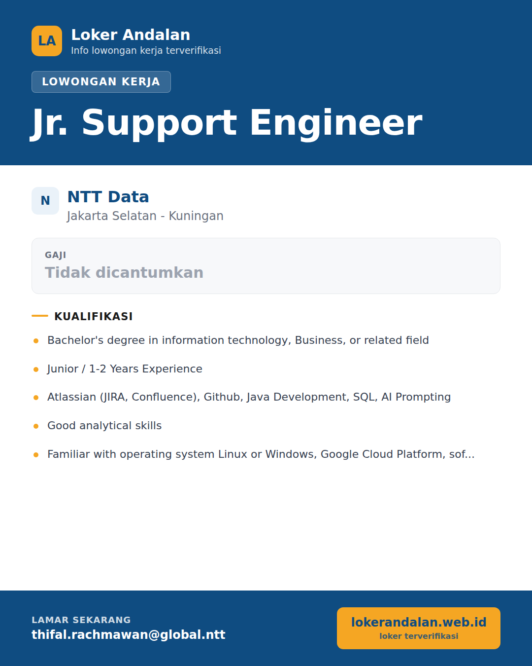 Poster lowongan Jr. Support Engineer di NTT Data