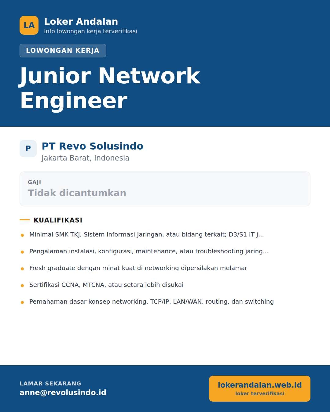 Poster lowongan Junior Network Engineer di PT Revo Solusindo