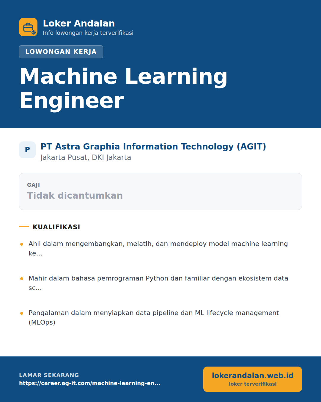Poster lowongan Machine Learning Engineer di PT Astra Graphia Information Technology (AGIT)