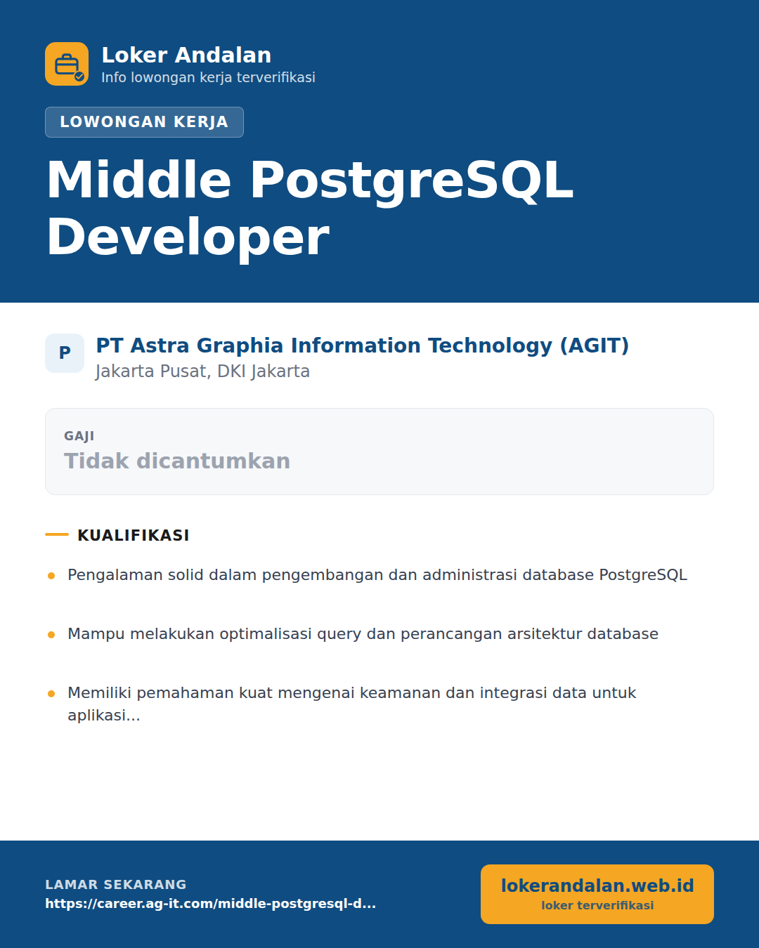 Poster lowongan Middle PostgreSQL Developer di PT Astra Graphia Information Technology (AGIT)