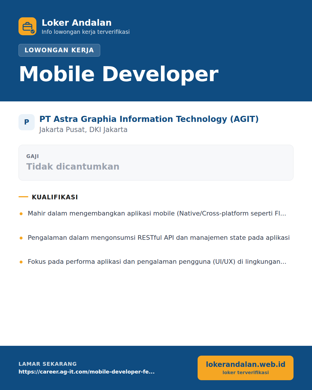 Poster lowongan Mobile Developer di PT Astra Graphia Information Technology (AGIT)