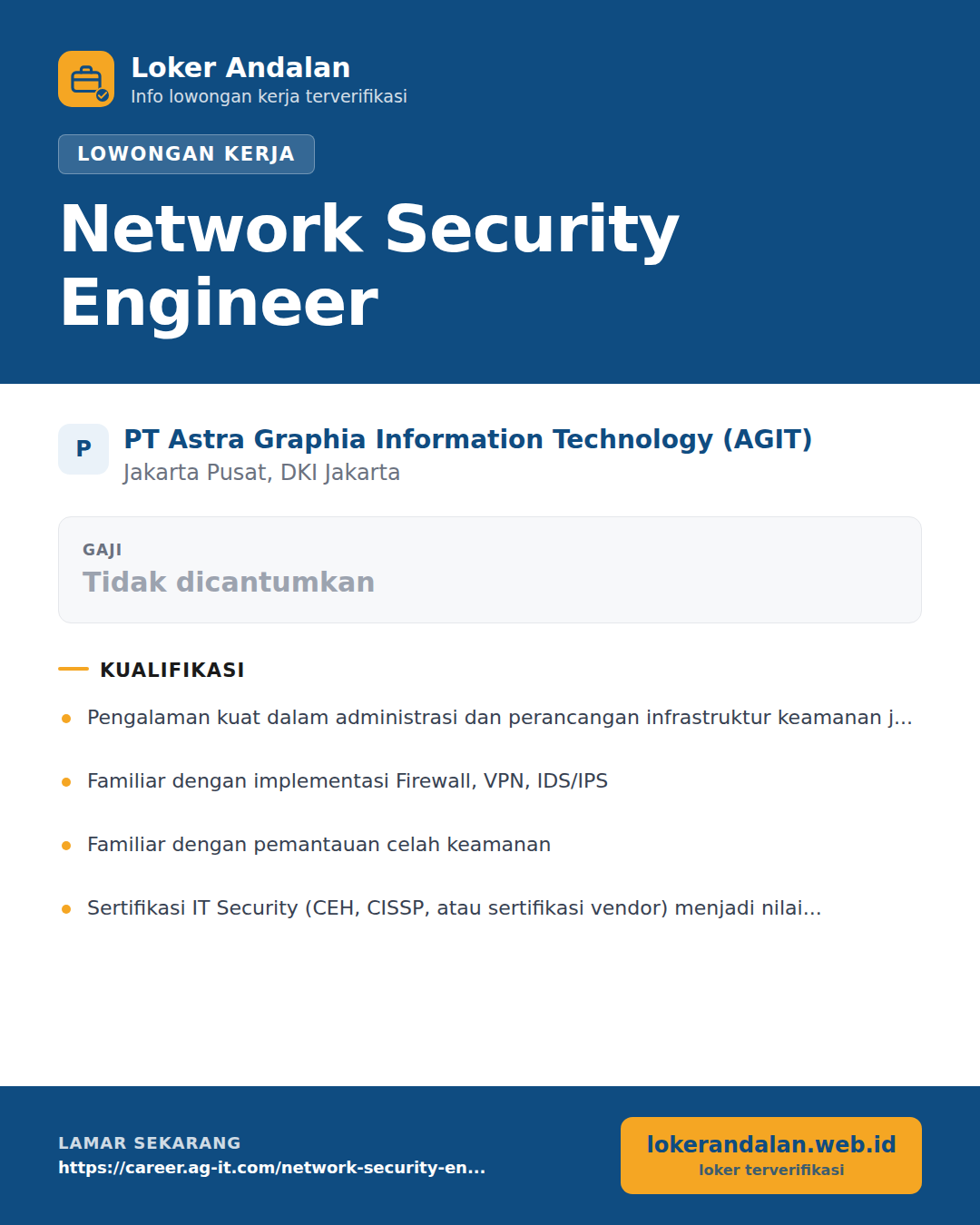 Poster lowongan Network Security Engineer di PT Astra Graphia Information Technology (AGIT)