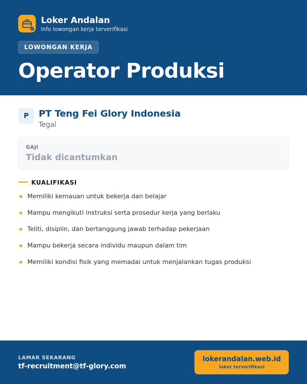 Poster lowongan Operator Produksi di PT Teng Fei Glory Indonesia