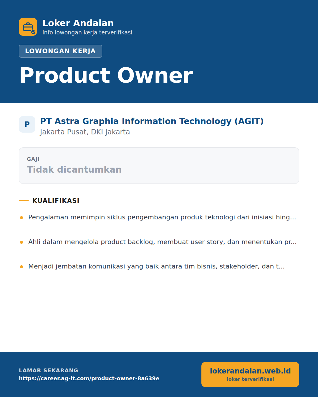 Poster lowongan Product Owner di PT Astra Graphia Information Technology (AGIT)