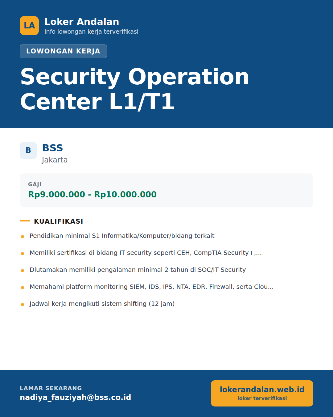 Poster lowongan Security Operation Center L1/T1 di BSS