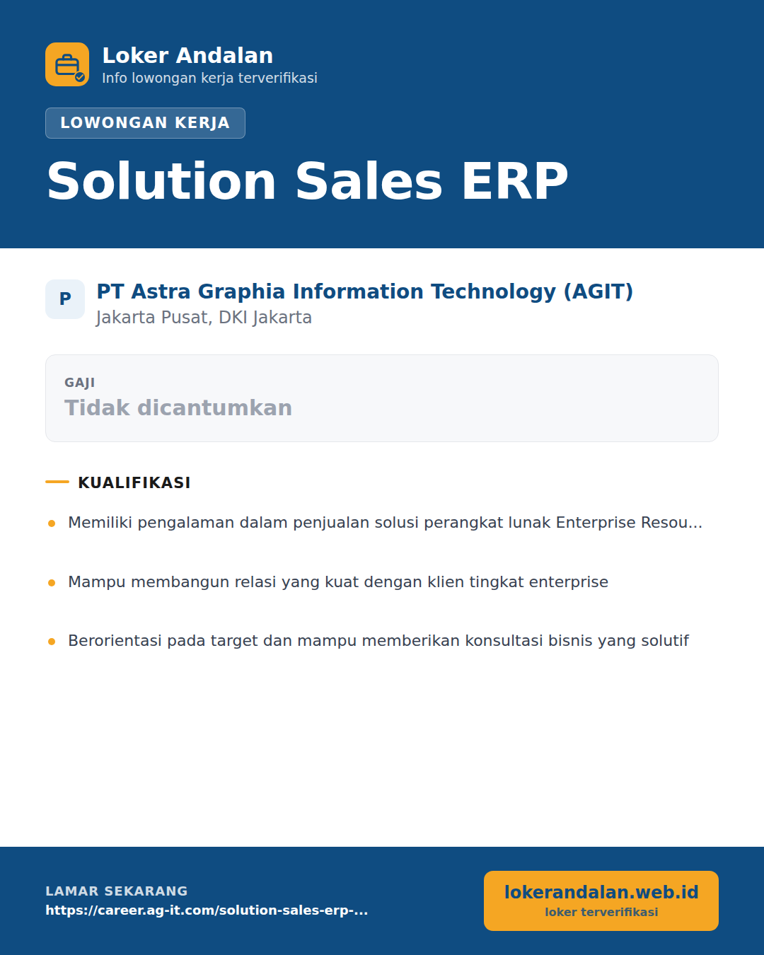 Poster lowongan Solution Sales ERP di PT Astra Graphia Information Technology (AGIT)