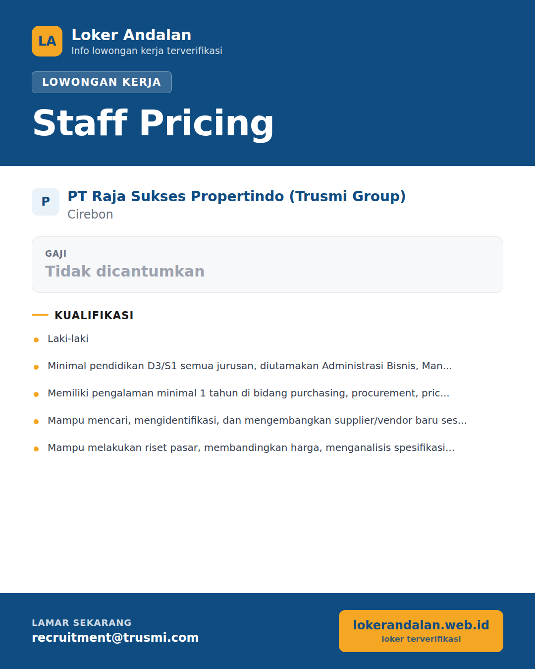 Poster lowongan Staff Pricing di PT Raja Sukses Propertindo (Trusmi Group)